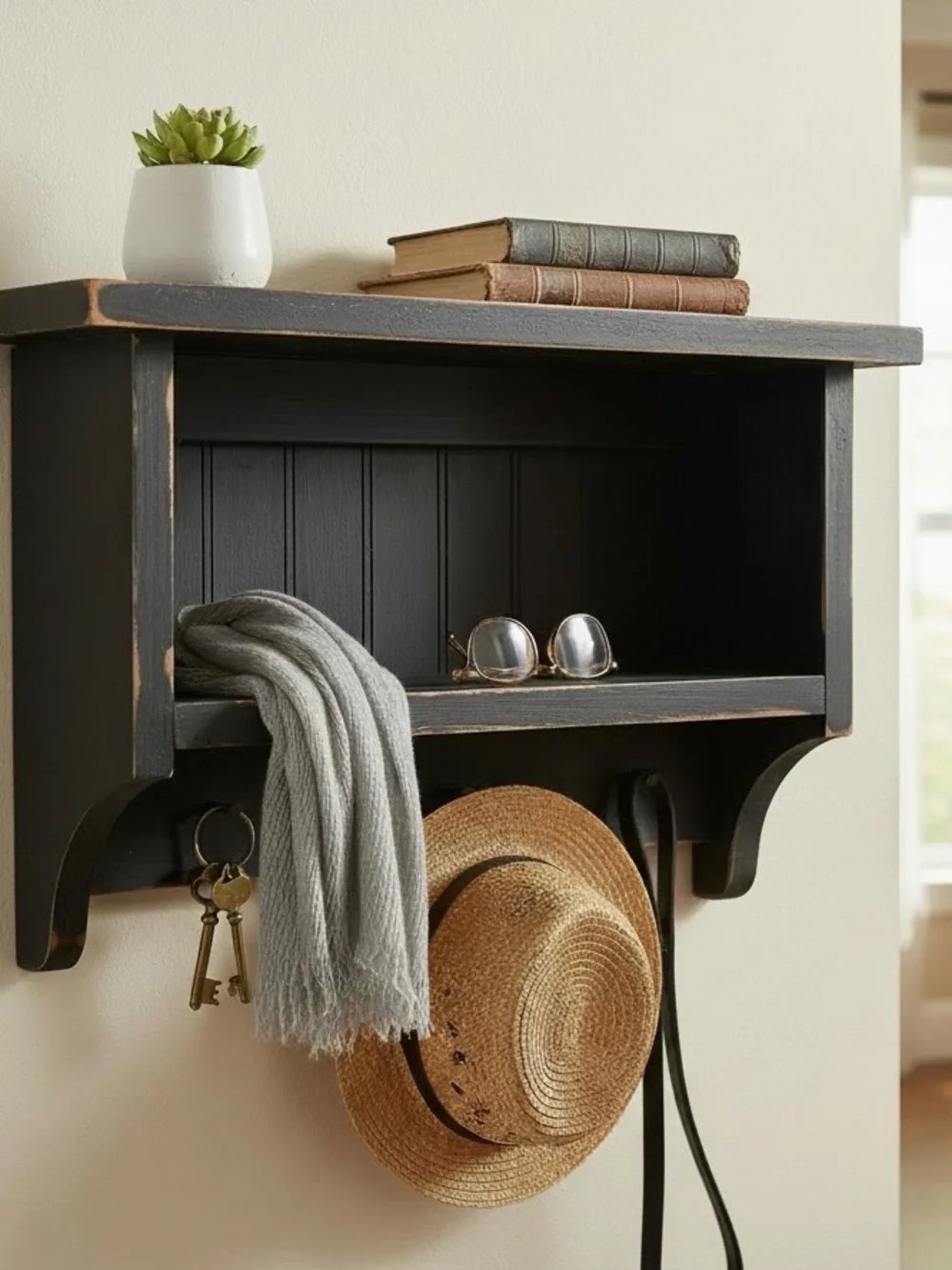 Vintage Wood Hanging Wall Display Shelf Black Farmhouse Cottage 3 Metal Pegs